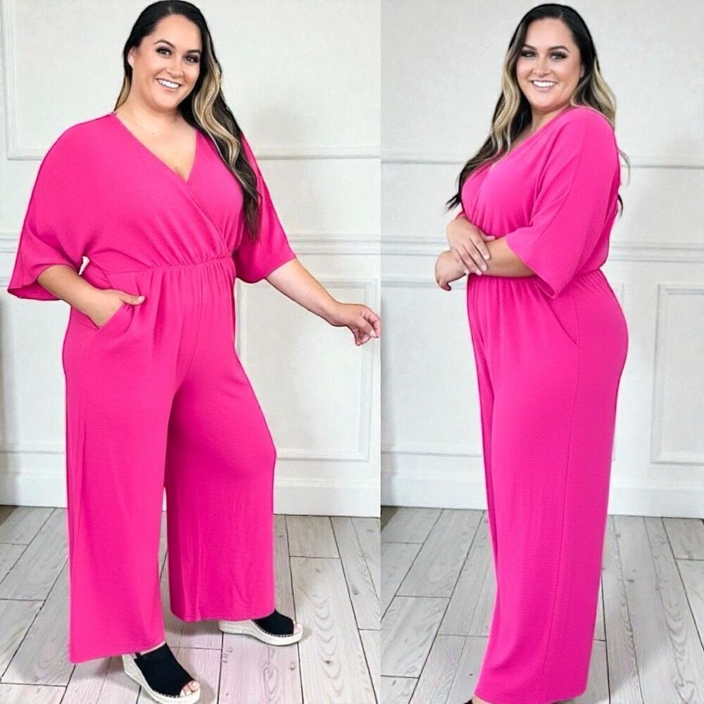 Hot Pink Surplice Wide Leg Dolman Sleeve Jumpsuit with Pockets NWT - Picture 5 of 14